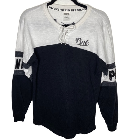 Victorias Secret PINK Bling Sequin Pure Black Triumph White Lace Up Varsity Crew - Picture 3 of 14